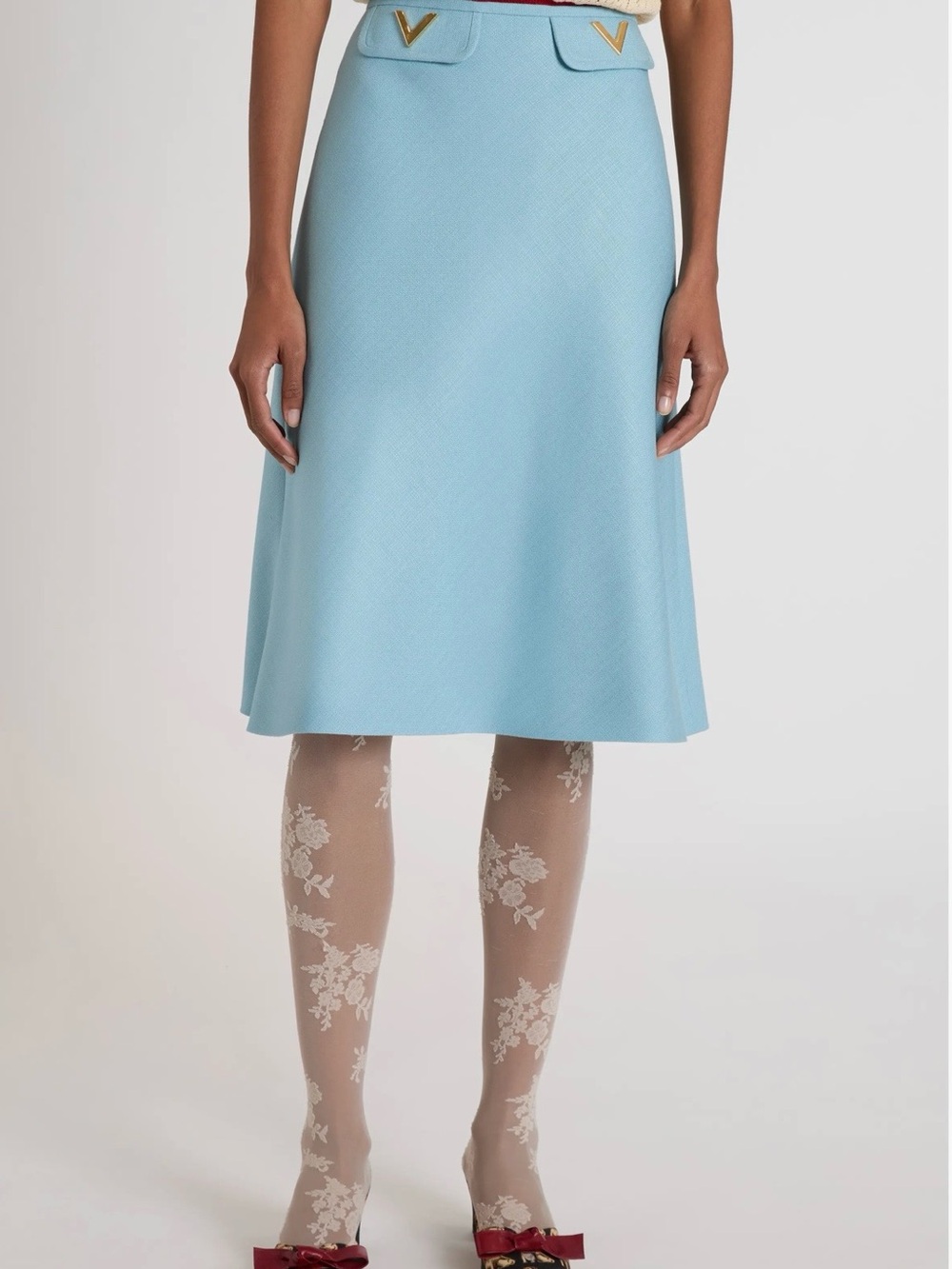 Valentino Garavani A-Line Midi Skirt with Gold V Accents US2-4/IT38